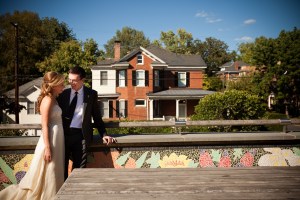 Bride and Groom near the brick house